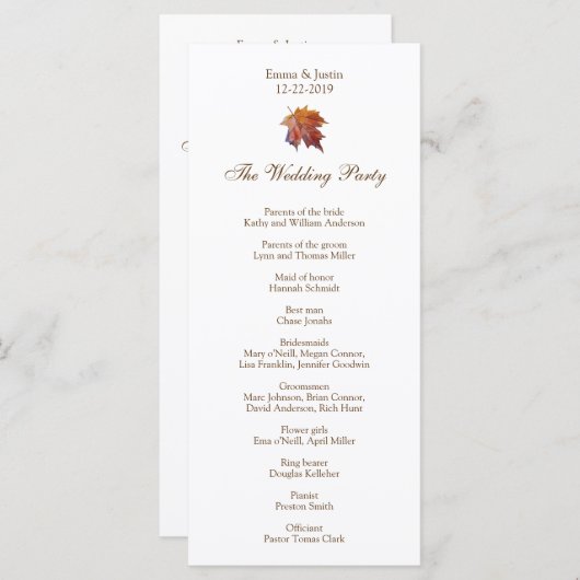 Herfst bruiloft Waterverf Leaf Rackckard Programmakaart (Voorkant / Achterkant)