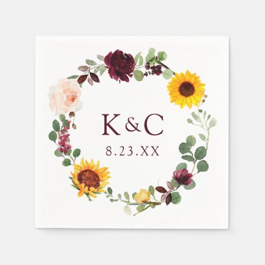 Herfst bruiloft zonnebloem krans Rozen bordeaux ro Servet (Voorkant)
