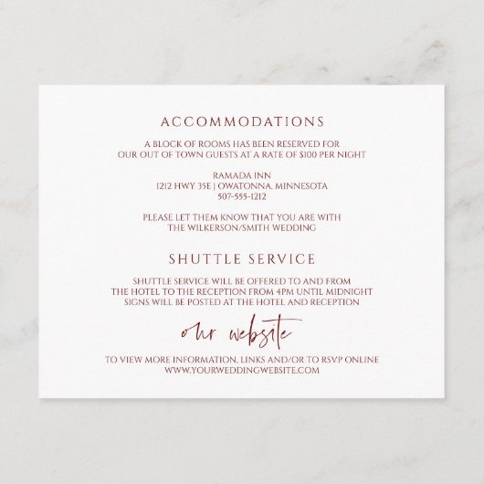 Herfst bruiloft Zonnebloemen & Bourgondische Rozen Informatiekaartje (Achterkant)