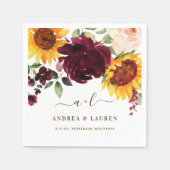Herfst Bruiloft Zonnebloemrozen Bordeaux Wijn Servet (Voorkant)