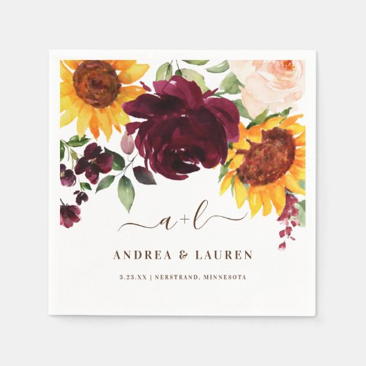 Herfst Bruiloft Zonnebloemrozen Bordeaux Wijn Servet (Voorkant)