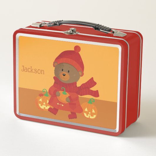 Herfst Bruin Beer Kind Oranje Metal Lunchbox (Voorkant)