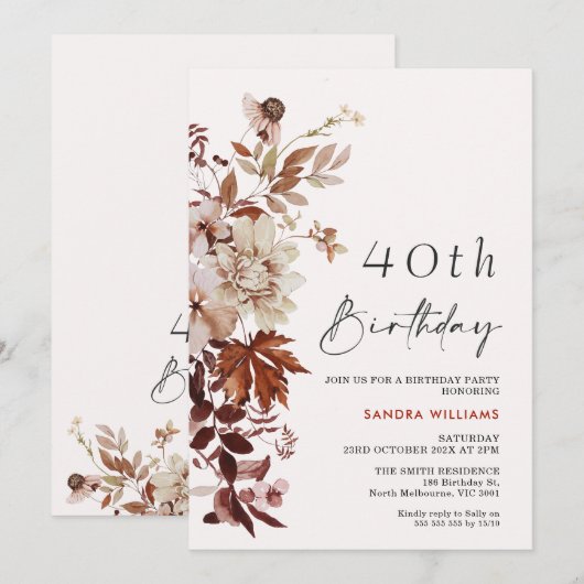 Herfst Bruin Beige Bloemen 40e Verjaardag Kaart (Voorkant / Achterkant)