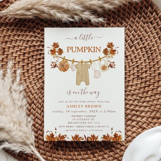 Herfst Bruin Beige Foliage Clothesline Baby shower Kaart