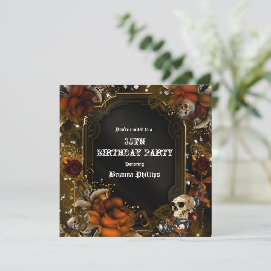 Herfst Bruine Rozen Schedels Gotische Uitnodiging (Staand voorkant)