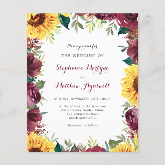 Herfst budget Sunflower Burgundy Border Wedding (Voorkant)
