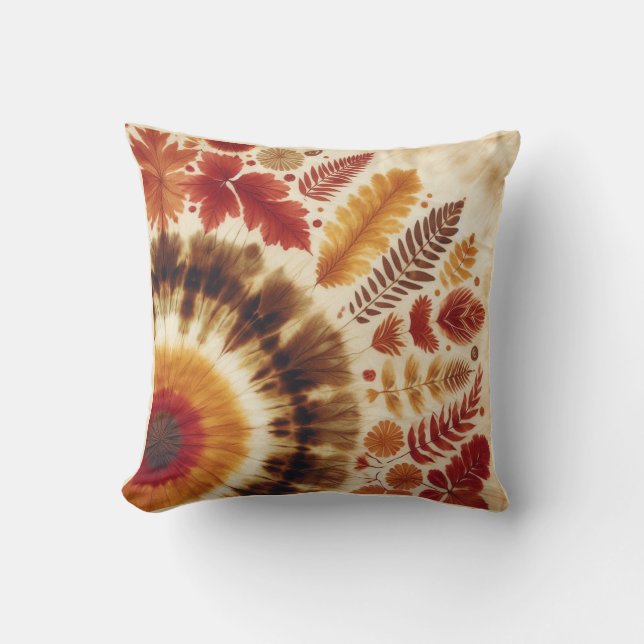 Herfst / Bullseye Tie Dye met bladeren Kussen (Voorkant)