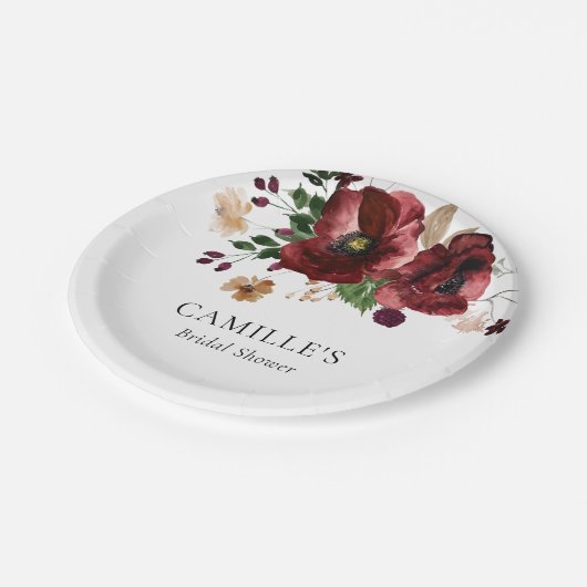 Herfst Burgundy Bloem Bruiloft Feest Papieren Bordje (Gekanteld)