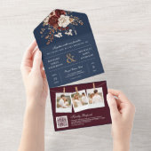Herfst Burgundy Bloemencode QR Code Navy Bruiloft All In One Uitnodiging (Afscheurbaar)