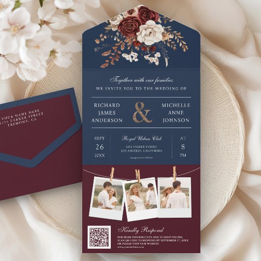 Herfst Burgundy Bloemencode QR Code Navy Bruiloft All In One Uitnodiging