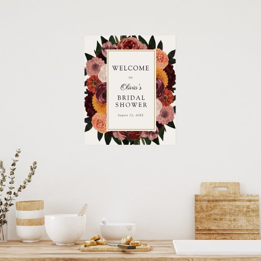 Herfst Burgundy Bloemrijke Bruiloft Feest Welkom B Poster (Keuken)