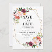 Herfst Burgundy Blush Bloemige geometrische Trouwd Save The Date (Voorkant)
