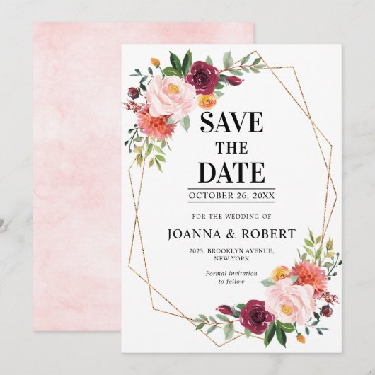 Herfst Burgundy Blush Bloemige geometrische Trouwd Save The Date (Voorkant / Achterkant)