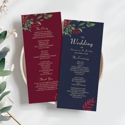 Herfst Burgundy en Navy Bloemige Bruiloft Programmakaart
