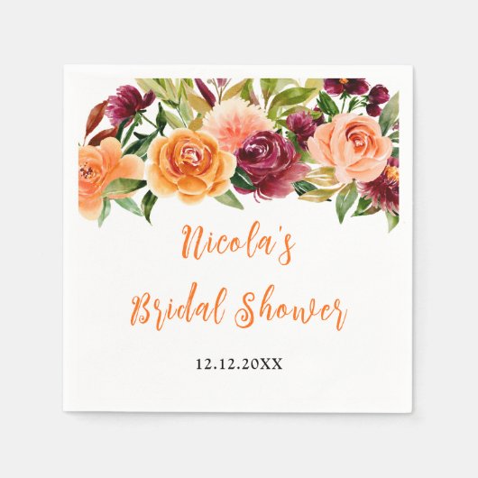 Herfst Burgundy en Oranje Bloemige Bruidsdouche Servet (Voorkant)