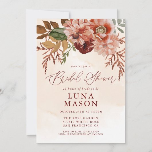 Herfst Burgundy en Terracotta Floral Bridal Kaart (Voorkant)