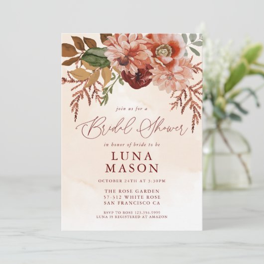 Herfst Burgundy en Terracotta Floral Bridal Kaart (Staand voorkant)