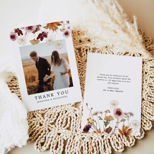 Herfst Burgundy Floral Boho Wedding Foto Bedankkaart