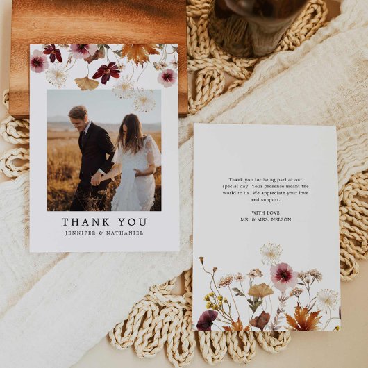 Herfst Burgundy Floral Boho Wedding Foto Bedankkaart