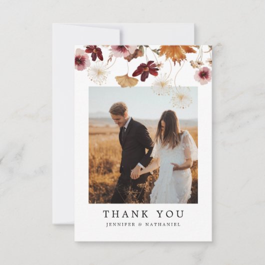 Herfst Burgundy Floral Boho Wedding Foto Bedankkaart (Voorkant)