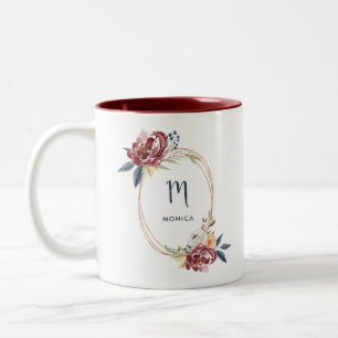 Herfst Burgundy Floral en Roos Gold   Monogram Tweekleurige Koffiemok