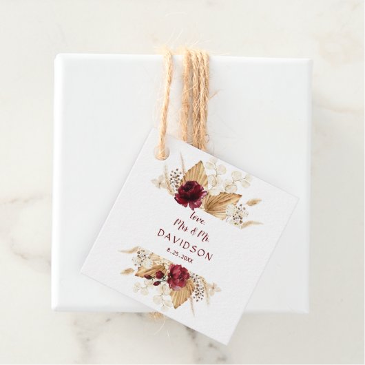 Herfst Burgundy Floral Pampas Grass Palm Wedding Bedankjes Labels (In situ)