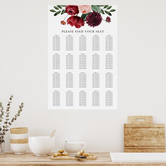 Herfst Burgundy Floral Wedding Seating Chart Poster (Keuken)