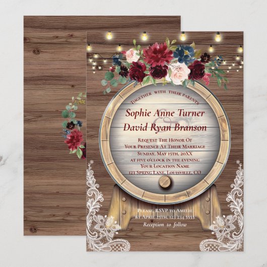 Herfst Burgundy Floral Wine Barrel Wood Weddenscha Kaart (Voorkant / Achterkant)