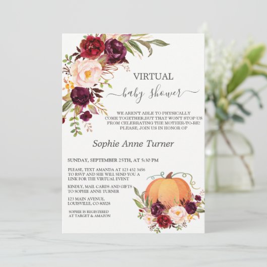 Herfst Burgundy Flowers pomkin Virtueel Baby showe Kaart (Staand voorkant)