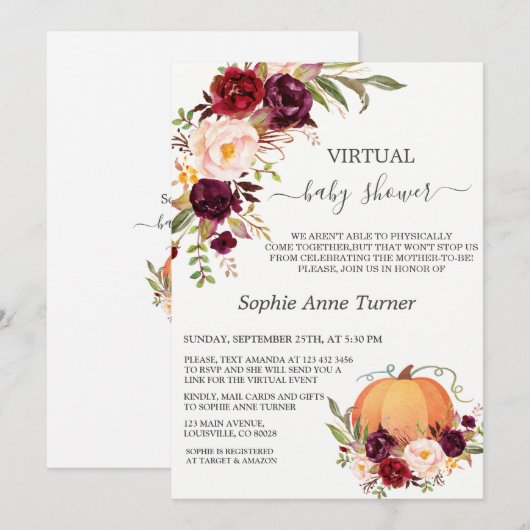 Herfst Burgundy Flowers pomkin Virtueel Baby showe Kaart (Voorkant / Achterkant)