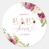 Herfst burgundy gouden bloemenkleuren baby shower ronde sticker (Voorkant)
