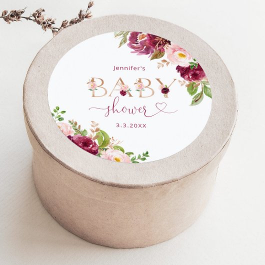 Herfst burgundy gouden bloemenkleuren baby shower ronde sticker