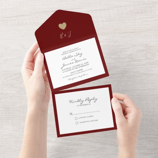 Herfst Burgundy Heart in One Wedding Invitation All In One Uitnodiging (Afscheurbaar)