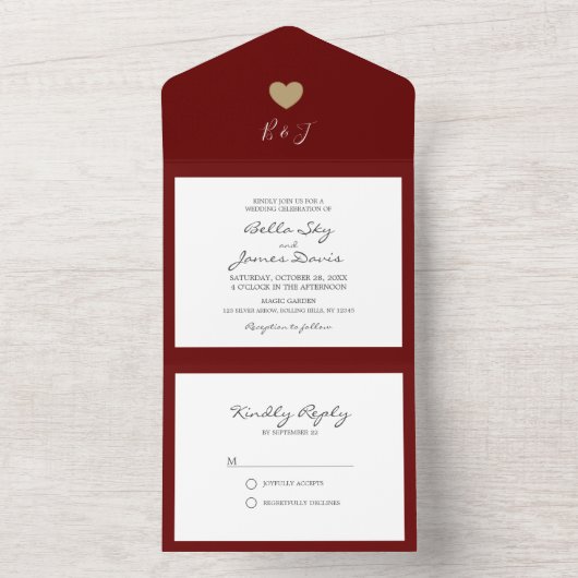 Herfst Burgundy Heart in One Wedding Invitation All In One Uitnodiging (Binnen)