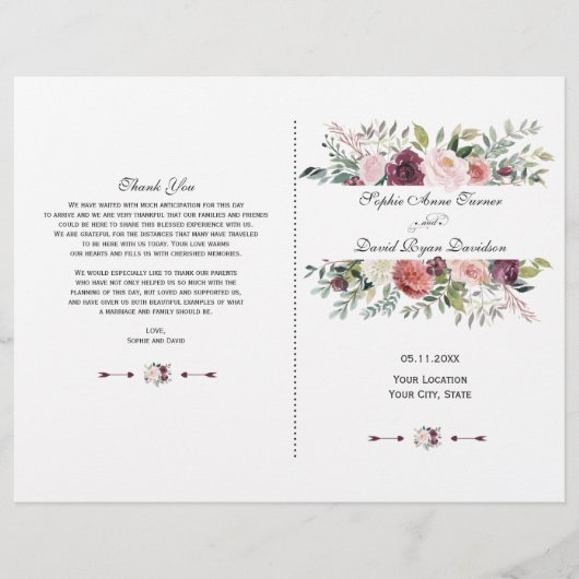 Herfst Burgundy Ivory Floral Lijst Wedding Program (Voorkant)