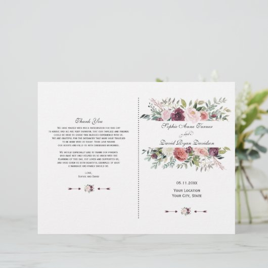 Herfst Burgundy Ivory Floral Lijst Wedding Program (Staand voorkant)