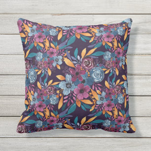 Herfst Burgundy Navy Mustard Waterverf Flowers Art Buitenkussen