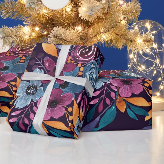 Herfst Burgundy Navy Mustard Waterverf Flowers Art Cadeaupapier (Feestdagen)