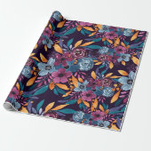 Herfst Burgundy Navy Mustard Waterverf Flowers Art Cadeaupapier (Uitgerold)