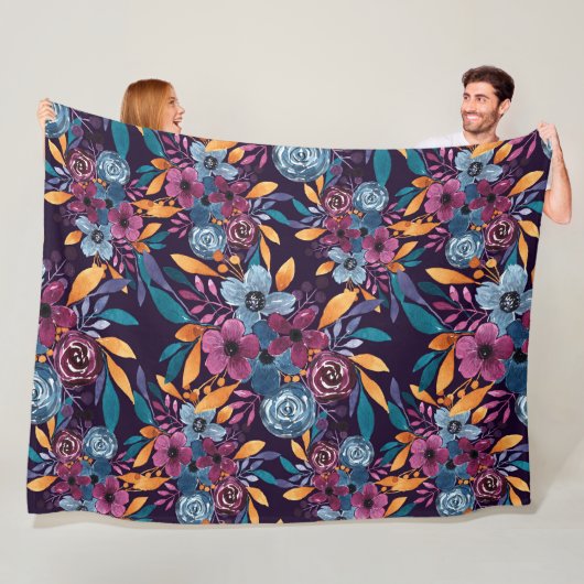 Herfst Burgundy Navy Mustard Waterverf Flowers Art Fleece Deken (In situ)