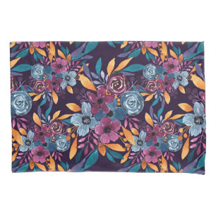 Herfst Burgundy Navy Mustard Waterverf Flowers Art Kussensloop