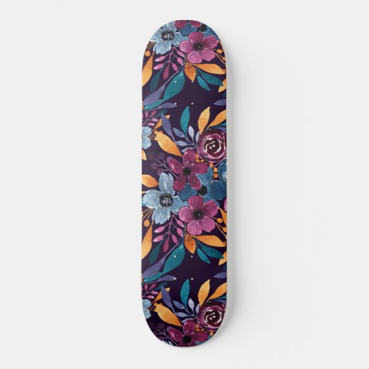 Herfst Burgundy Navy Mustard Waterverf Flowers Art Persoonlijk Skateboard (Voorkant)
