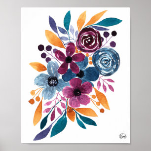 Herfst Burgundy Navy Mustard Waterverf Flowers Art Poster