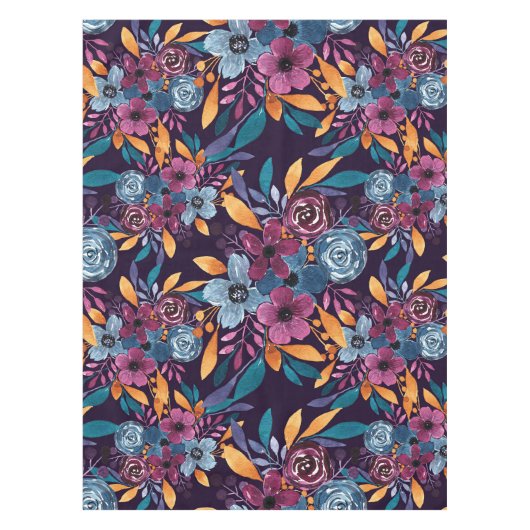 Herfst Burgundy Navy Mustard Waterverf Flowers Art Tafelkleed (Voorkant)