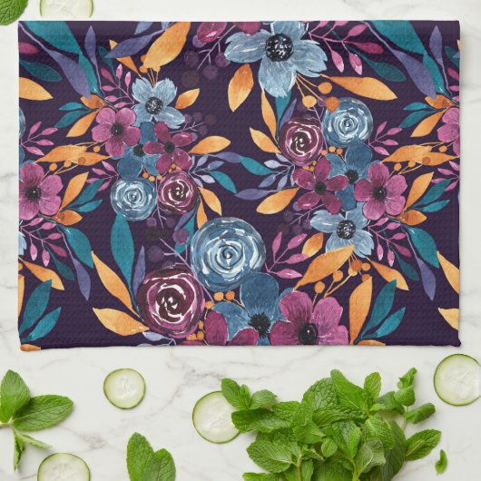 Herfst Burgundy Navy Mustard Waterverf Flowers Art Theedoek (Gevouwen)