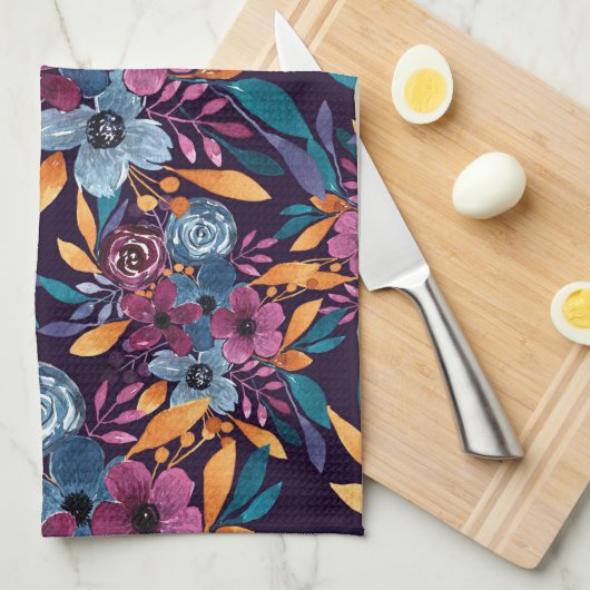 Herfst Burgundy Navy Mustard Waterverf Flowers Art Theedoek (Quarter Fold)