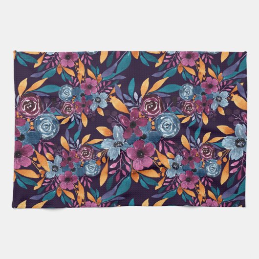 Herfst Burgundy Navy Mustard Waterverf Flowers Art Theedoek (Horizontaal)