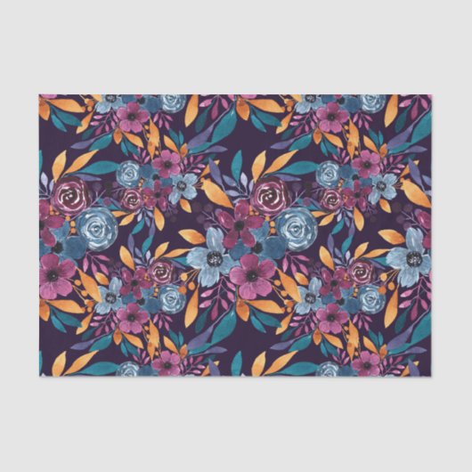 Herfst Burgundy Navy Mustard Waterverf Flowers Art Tissuepapier (Voorkant)