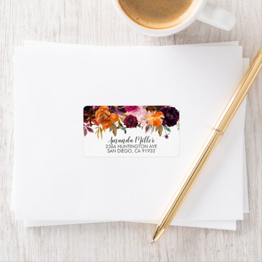 Herfst Burgundy & Oranje Bloem Retouradres Etiket (Insitu)