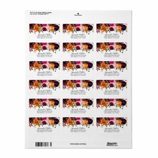 Herfst Burgundy & Oranje Bloem Retouradres Etiket (Full Sheet)